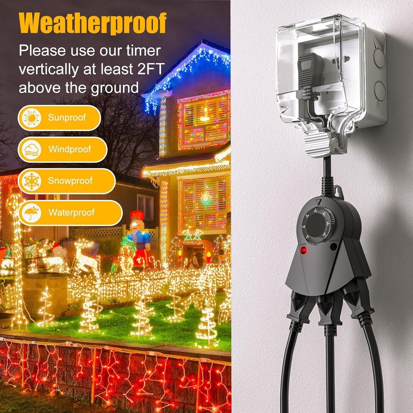 Outdoor Light Timer Waterproof, 24 Hours Plug in Timer