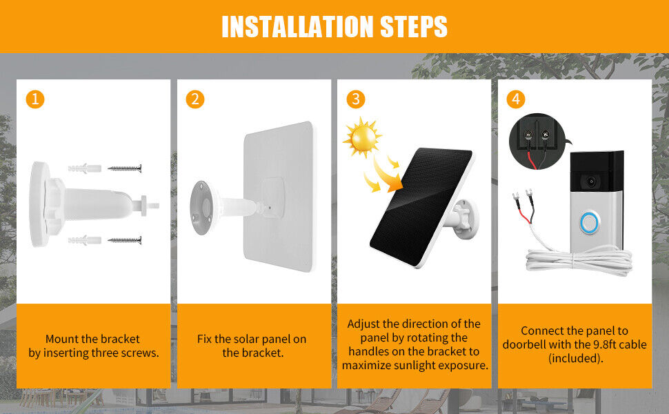 Solar Panel -10ft cable. 7W 5V Solar Panel for Ring Video Doorbell  3/3+/4. ETC.