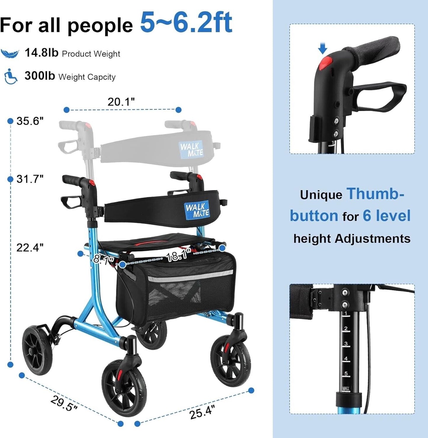 Rollator Walker for Seniors with Cup Holder, Upgraded Thumb Press Button for Hei