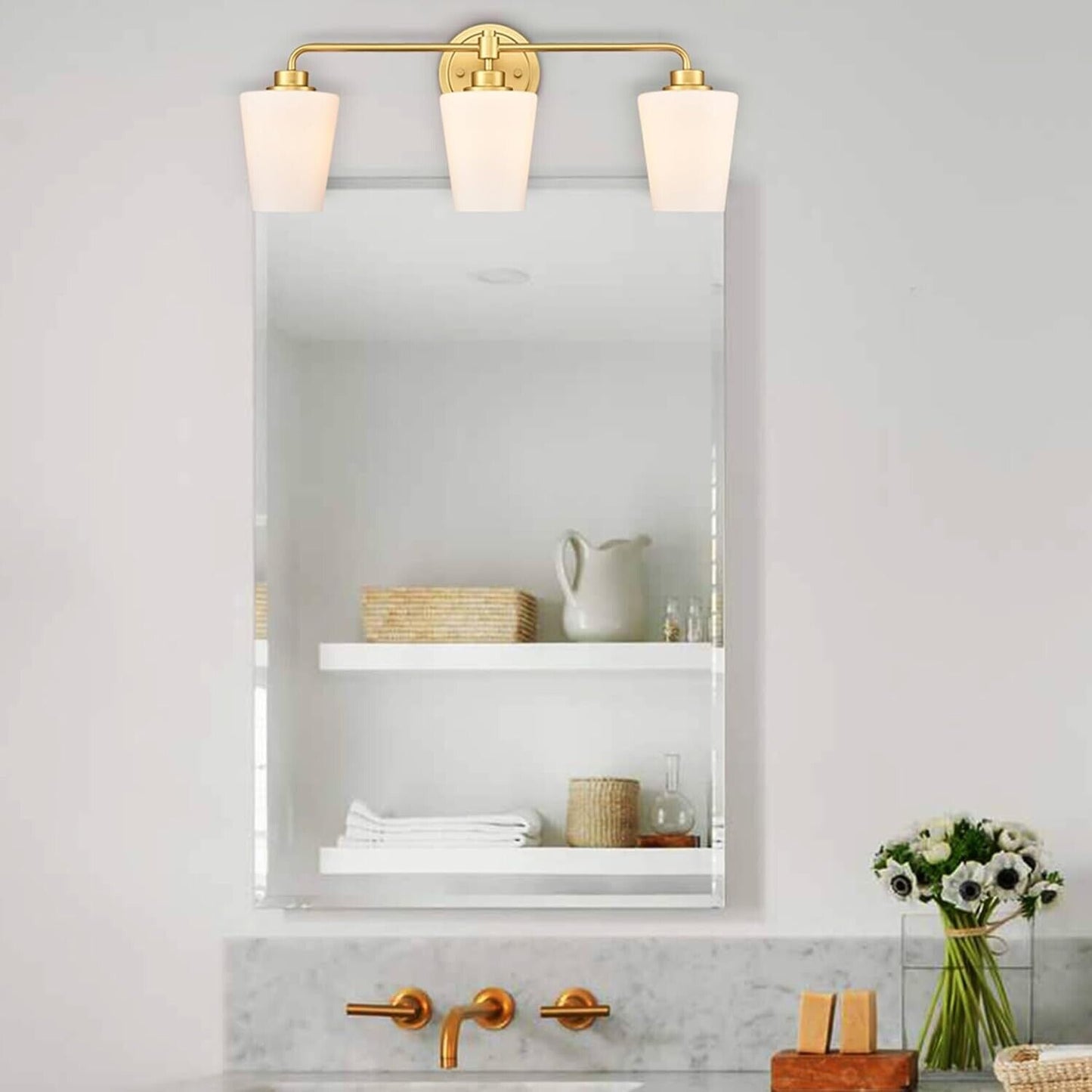 Gold Wall Sconce 3-Light Bathroom Vanity Light with Milk Glass Vanity Lights