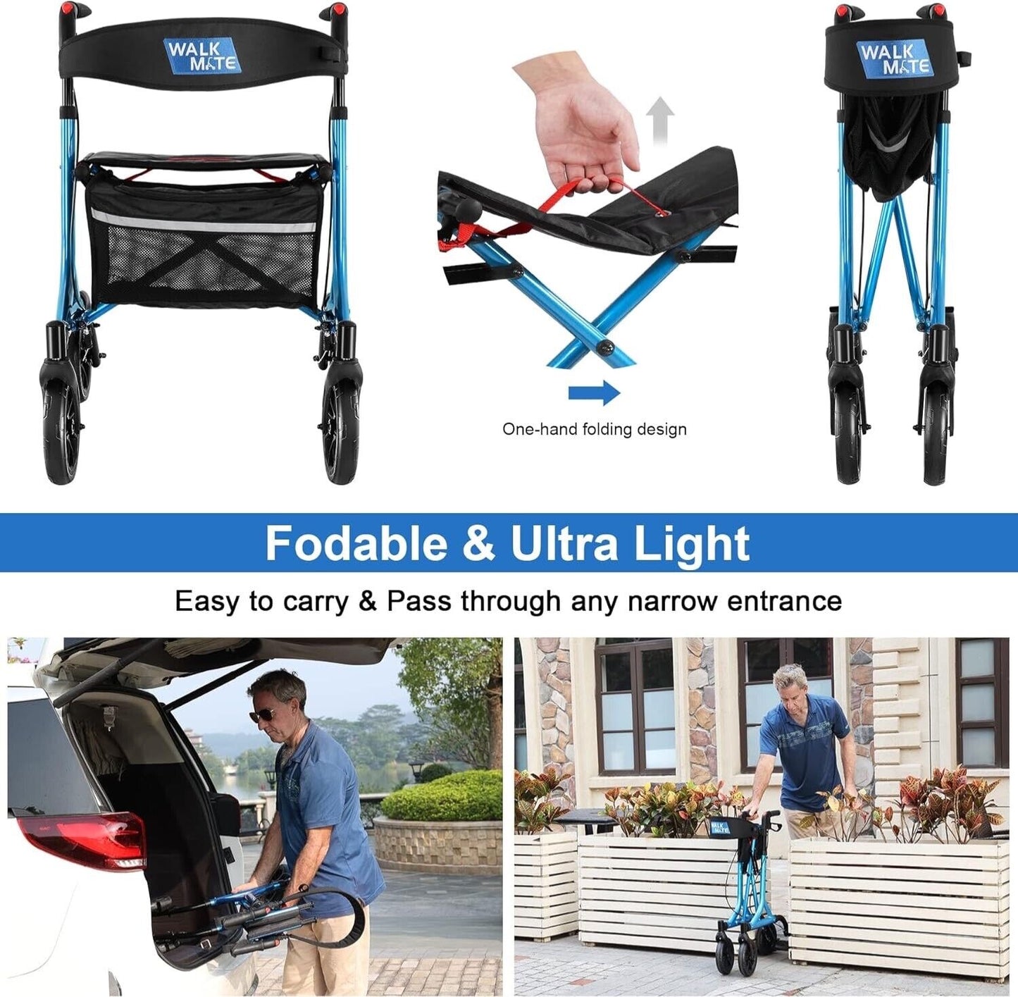 Rollator Walker for Seniors with Cup Holder, Upgraded Thumb Press Button for Hei