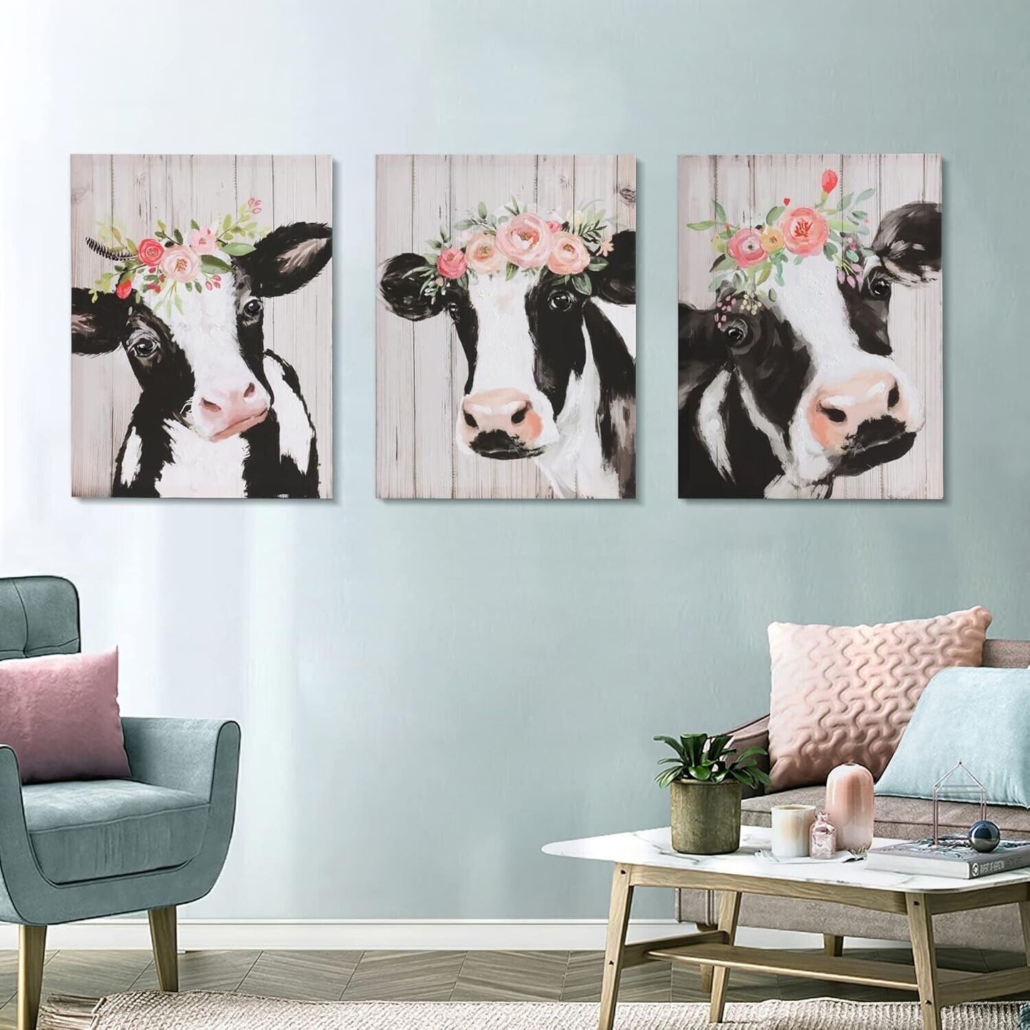 3pcs Cows on Canvas Wall Art 12"x16" Cow Pictures Wall Decor, Framed