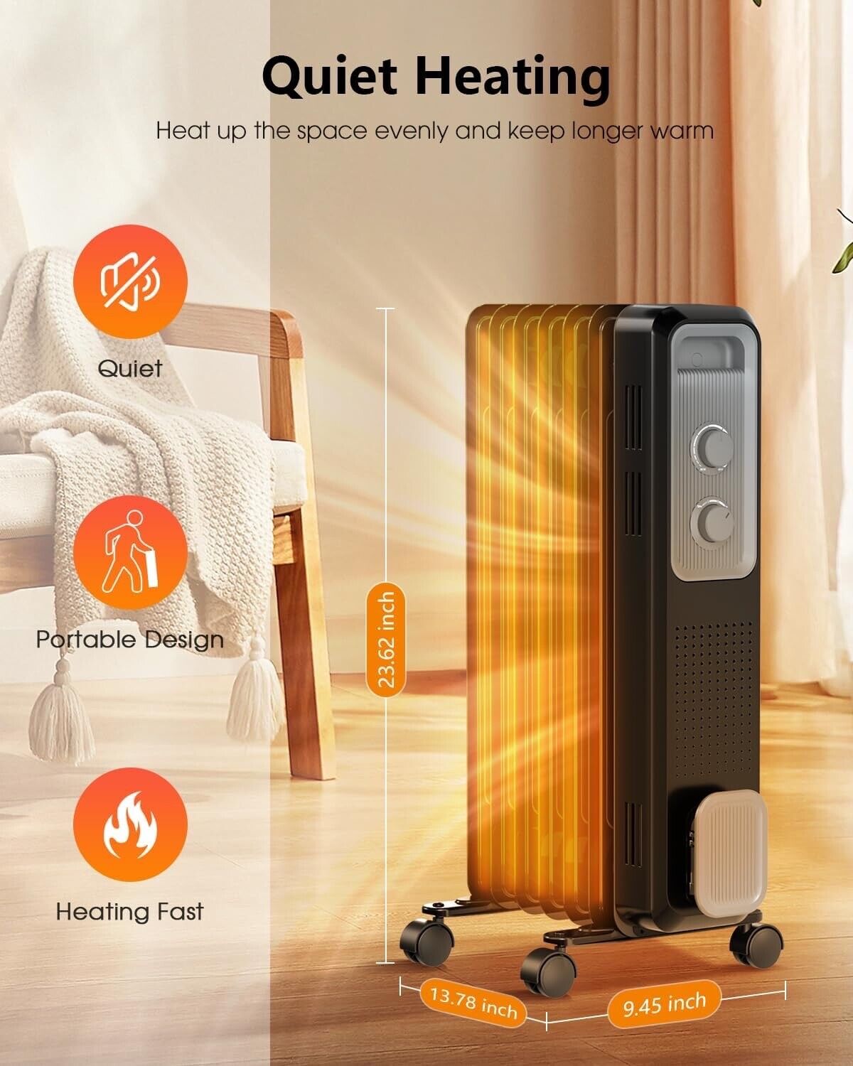 Oil Filled Radiator Heater,1200W Electric Space Heaters with 3 Heat Settings,