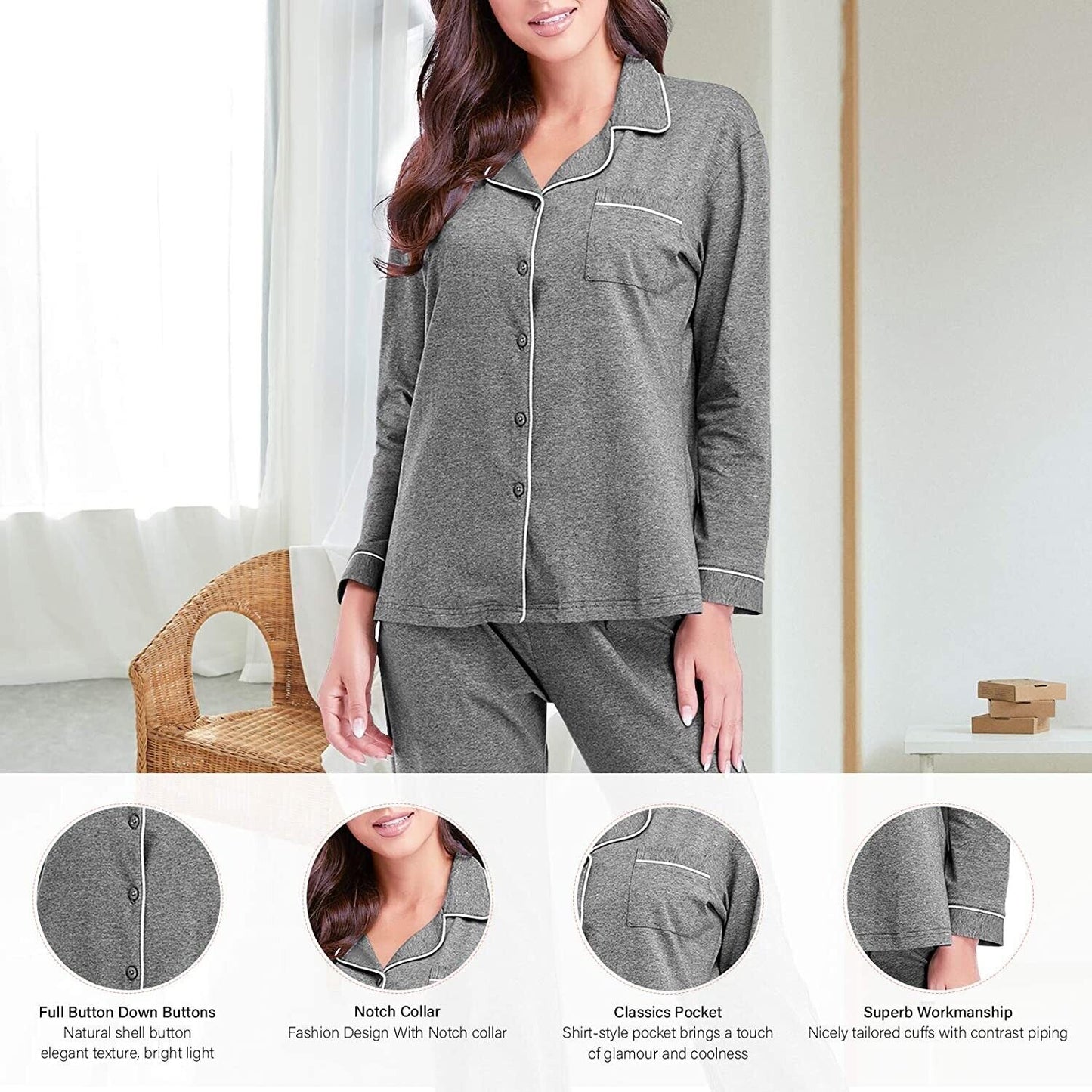 ONLY SIZE-M-Women's Soft Pajama Set Two Pieces Set Classic long Comfort