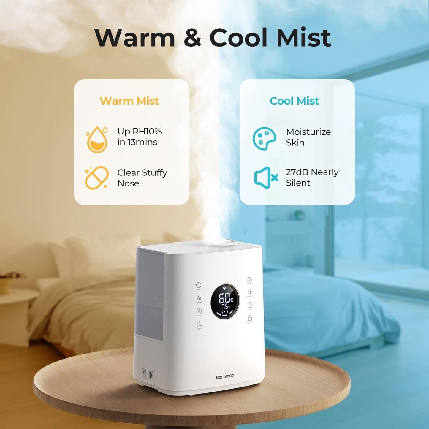 Humidifiers for Large Room, 6.5L Top-Fill Warm & Cool 360°