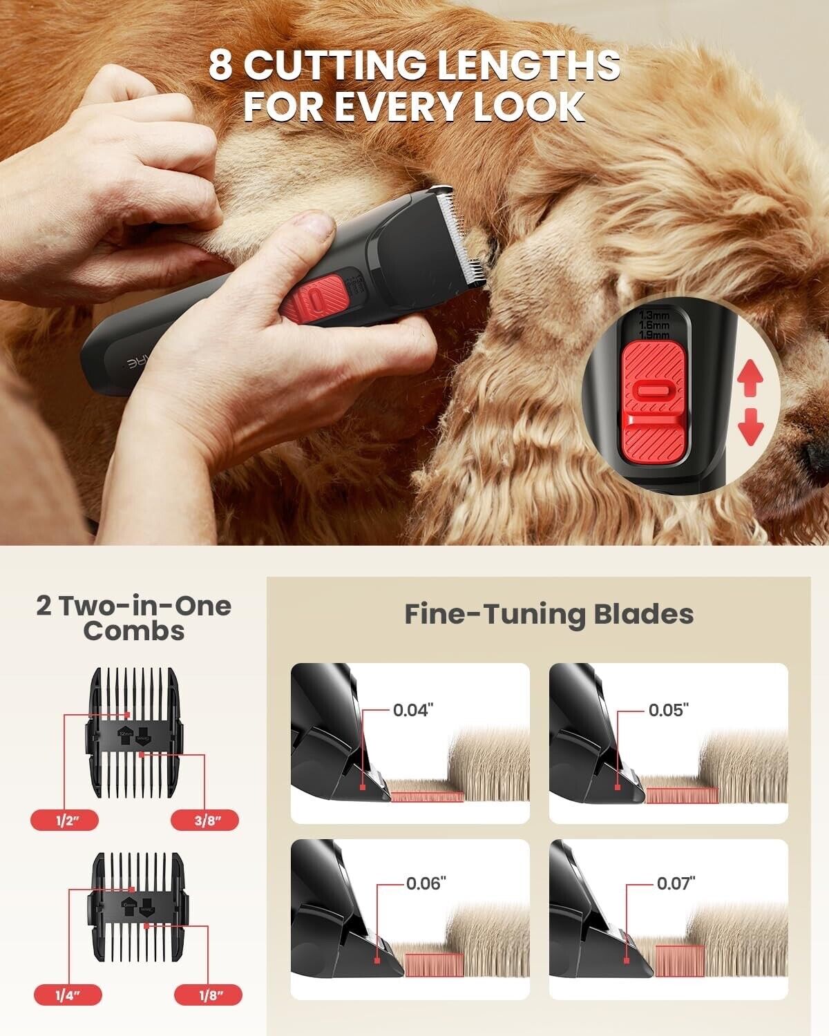 Pet Clipper Dog Hair Trimmer, Versatile Cutting Lengths Cordless Clipper