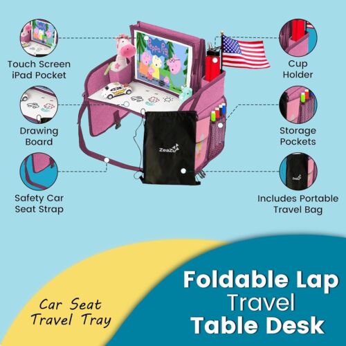 Kids Travel Tray with Bag - Toddler Car Seat Tray, Foldable Lap Travel Table