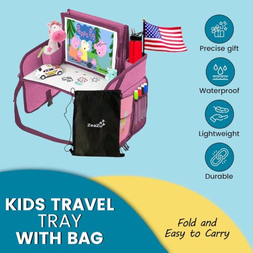 Kids Travel Tray with Bag - Toddler Car Seat Tray, Foldable Lap Travel Table