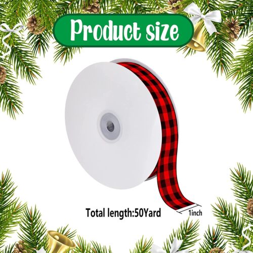 50Yards Christmas Ribbon - Christmas Buffalo Plaid Ribbons (25Yard X2 rolls）