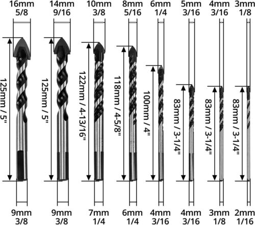 8 Pcs Set ( 3, 4, 5, 6, 8, 10, 14, 16 mm ) Multi-Material Drill Bit Set