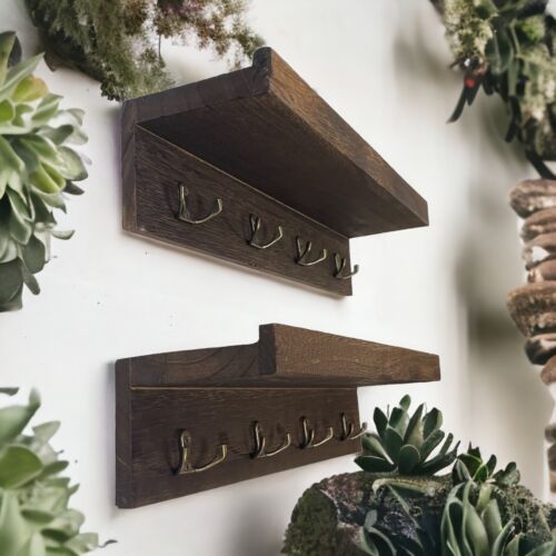 2 PCs Wood wall Shelf key hook Wall Mounted Hanging Shelves Key Holder