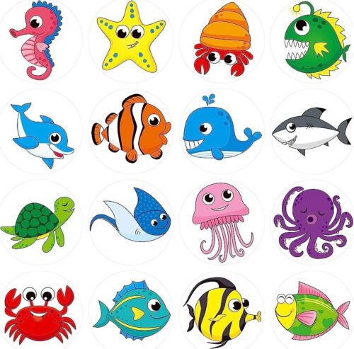 600 Adorable Round Marine Sea Animal Stickers in 16 Designs with Perforated Line