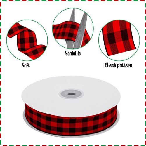 50Yards Christmas Ribbon - Christmas Buffalo Plaid Ribbons (25Yard X2 rolls）