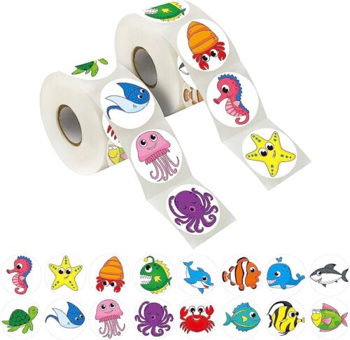 600 Adorable Round Marine Sea Animal Stickers in 16 Designs with Perforated Line