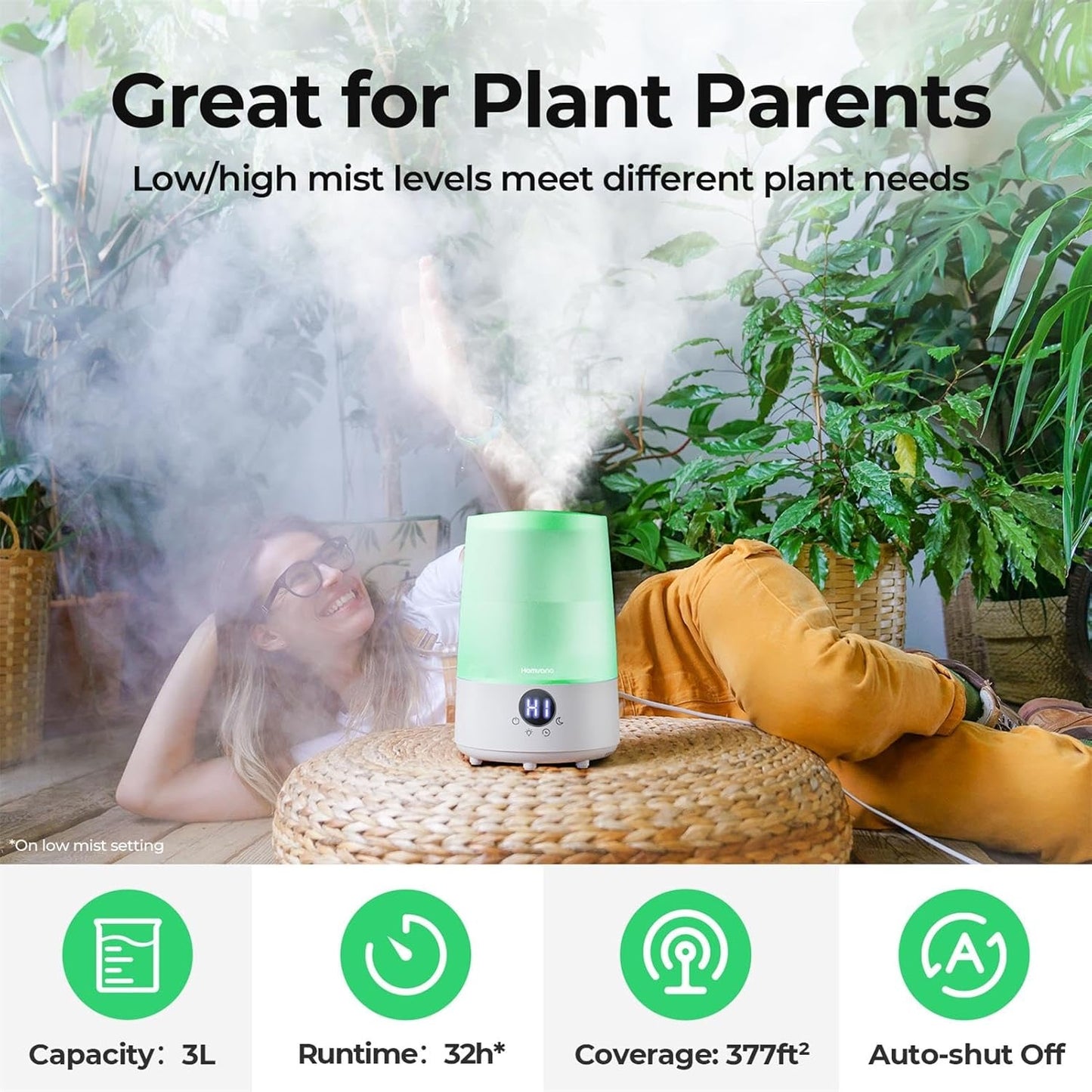 3L Cool Mist Humidifier for Bedroom Home Baby Nursery, 32H Runtime, Whisper Quiet Operation, Air Humidifiers, Waterless Auto Shut off, Essential Oil Diffuser Night Lights