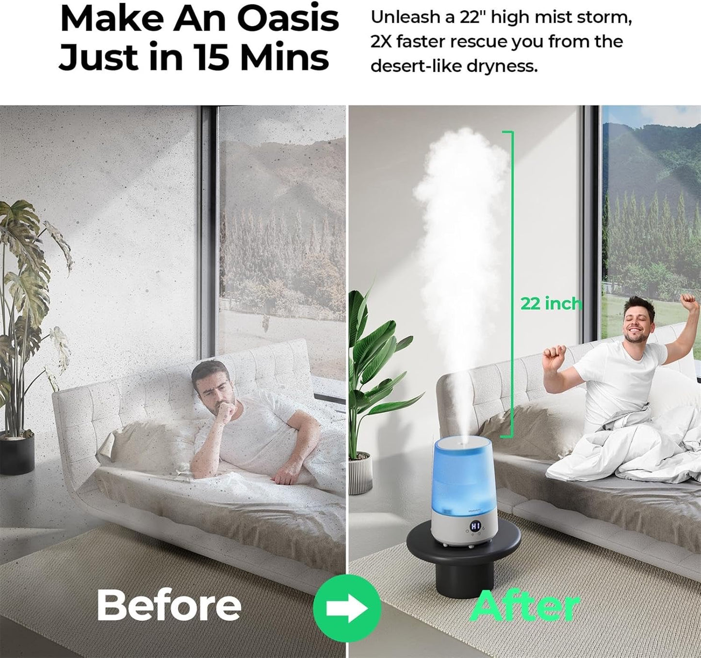 3L Cool Mist Humidifier for Bedroom Home Baby Nursery, 32H Runtime, Whisper Quiet Operation, Air Humidifiers, Waterless Auto Shut off, Essential Oil Diffuser Night Lights