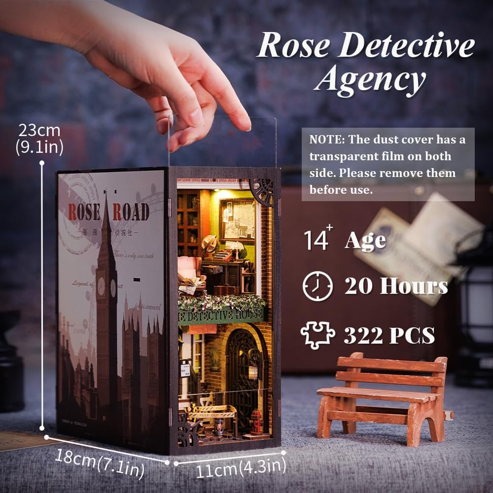 CUTEBEE DIY Book Nook Kit with Dust Cover, Bookshelf Insert DIY Miniature Kit Booknook Bookend Stand Bookcase Model Build Creativity Kit Decor Alley with LED Light (Rose Detective Agency)