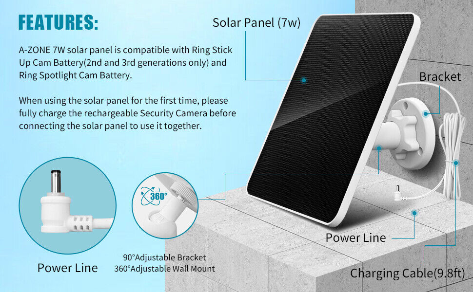 Solar Panel Charger-10ft cable-7W-5V  for Ring Camera Spotlight & Stick Up Cam