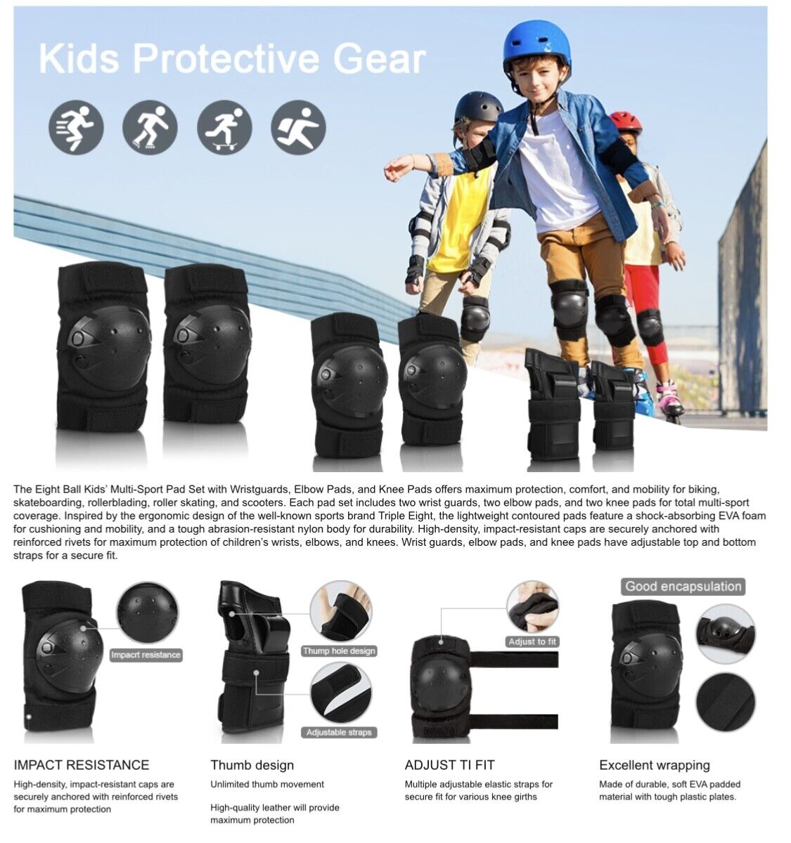 Adult/Youth/Kids Knee Pads and Elbow Pads Wrist Guards Protective Gear Set Sport