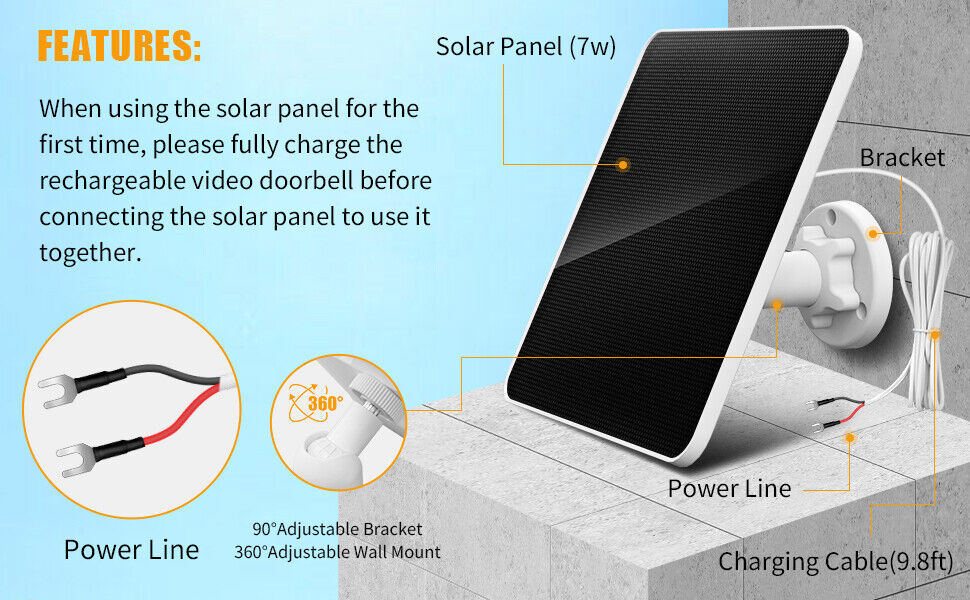 Solar Panel -10ft cable. 7W 5V Solar Panel for Ring Video Doorbell  3/3+/4. ETC.