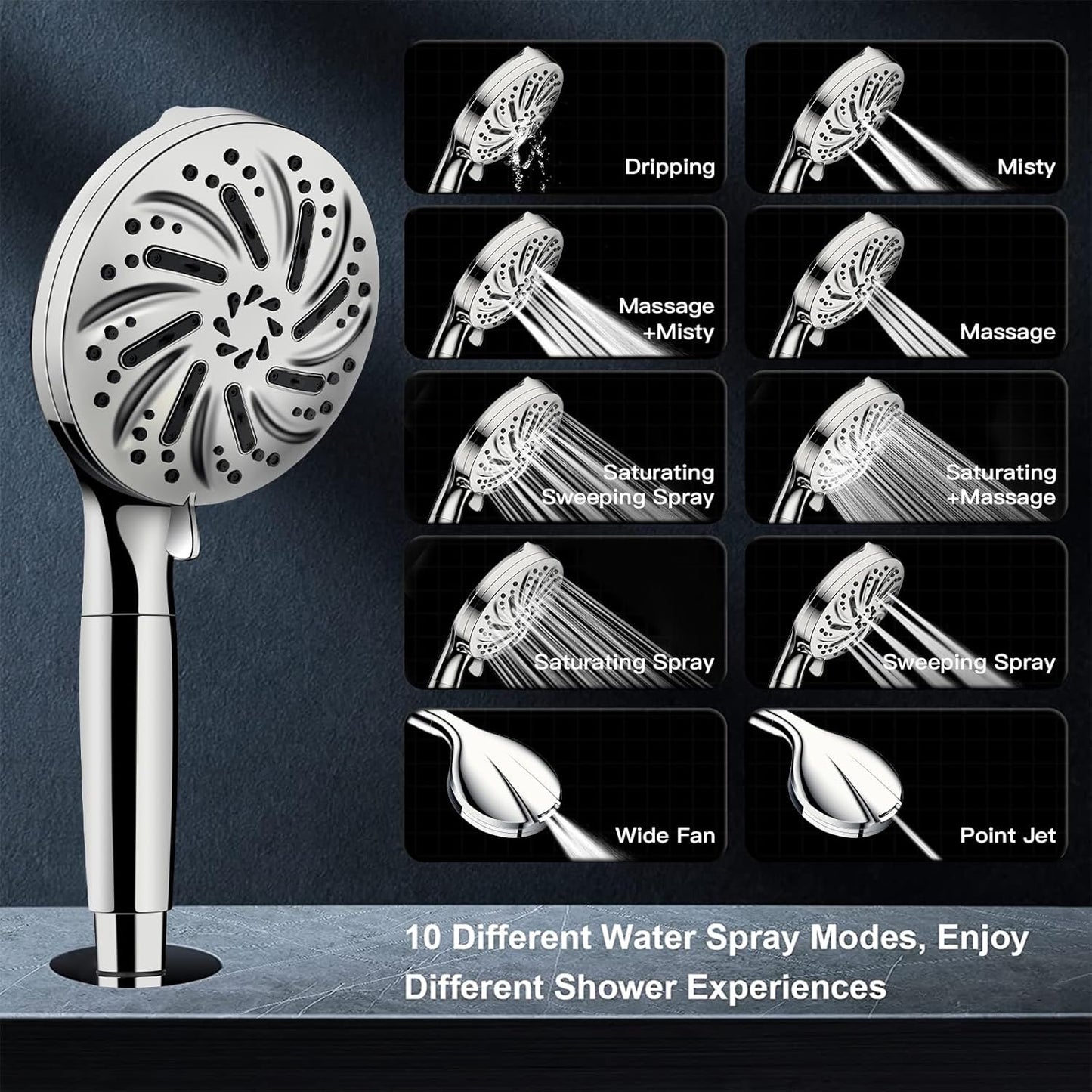 Handheld High Pressure 10 Spray Mode Shower Head With Filter For Hard Water Power Hose Overhead Bracket Anti-Leakage Teflon Tape Attachment, Built-in Power Wash to Clean Tub And Pet