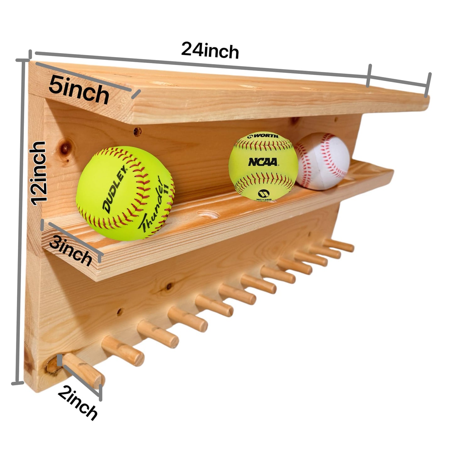 YEEYAYA 24-Inch Handmade bat racks Wall-Mounted Softball/Baseball Storage Rack – 3 Tiers, Holds 11 Bats, 12 Balls, Trophy Display Shelf with Groove for Picture Frames, Supports up to 30 lbs