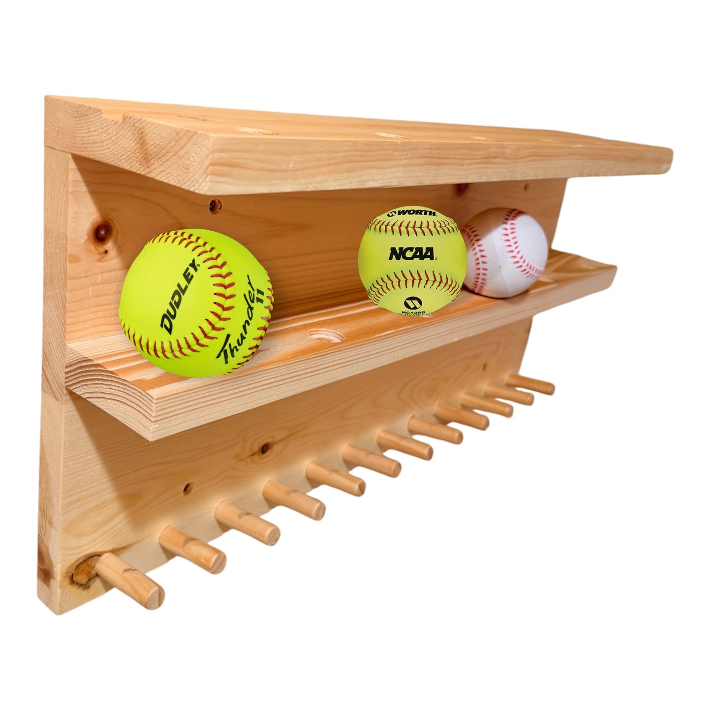 YEEYAYA 24-Inch Handmade bat racks Wall-Mounted Softball/Baseball Storage Rack – 3 Tiers, Holds 11 Bats, 12 Balls, Trophy Display Shelf with Groove for Picture Frames, Supports up to 30 lbs