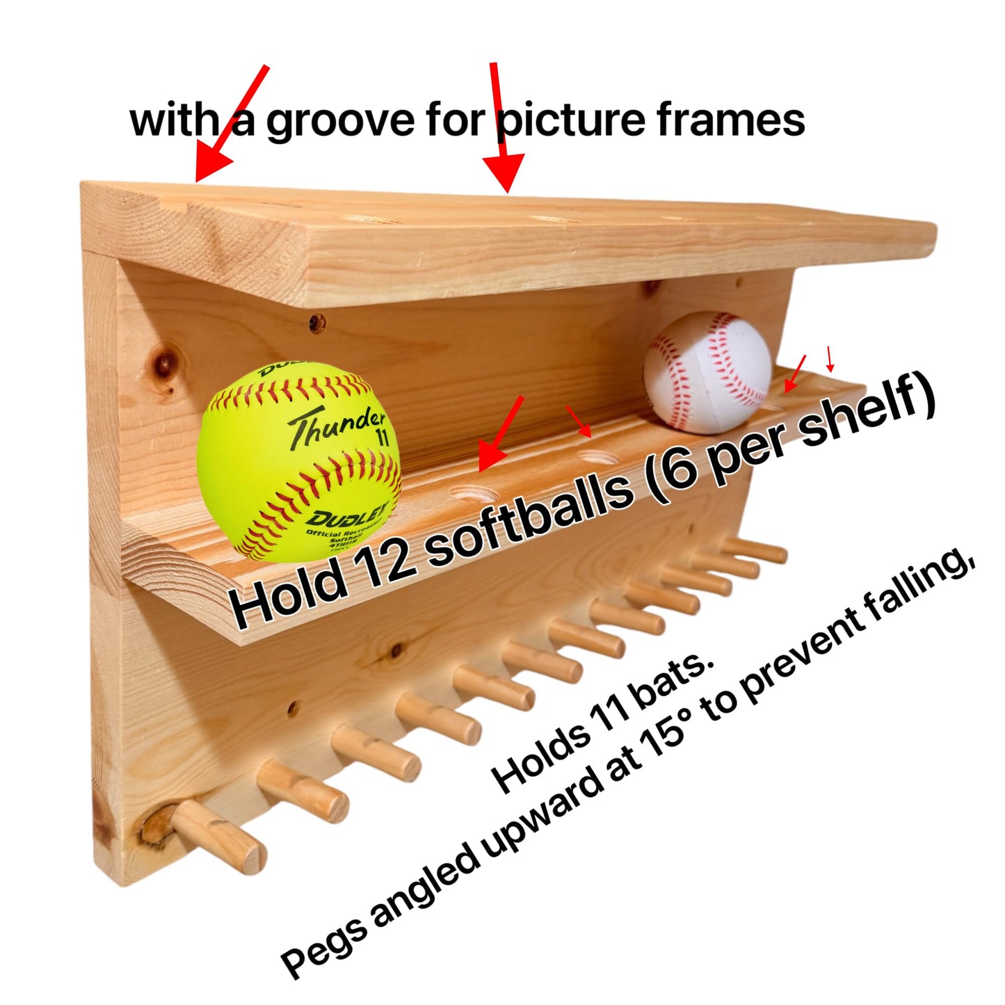 YEEYAYA 24-Inch Handmade bat racks Wall-Mounted Softball/Baseball Storage Rack – 3 Tiers, Holds 11 Bats, 12 Balls, Trophy Display Shelf with Groove for Picture Frames, Supports up to 30 lbs