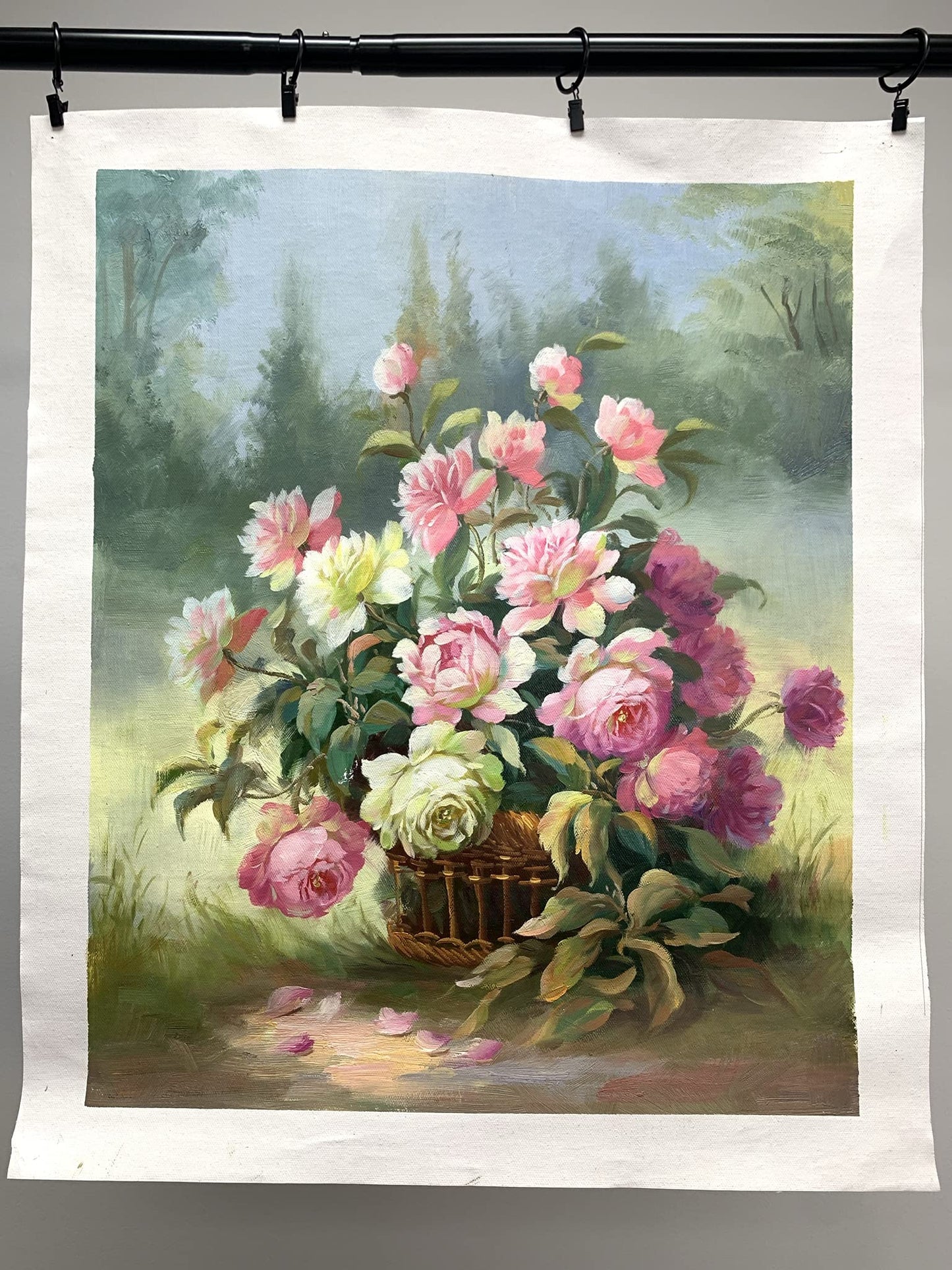 by Unbranded YEEYAYA -100% hand-painted Pink white flowers in bamboo basket 24×20in oil paintings