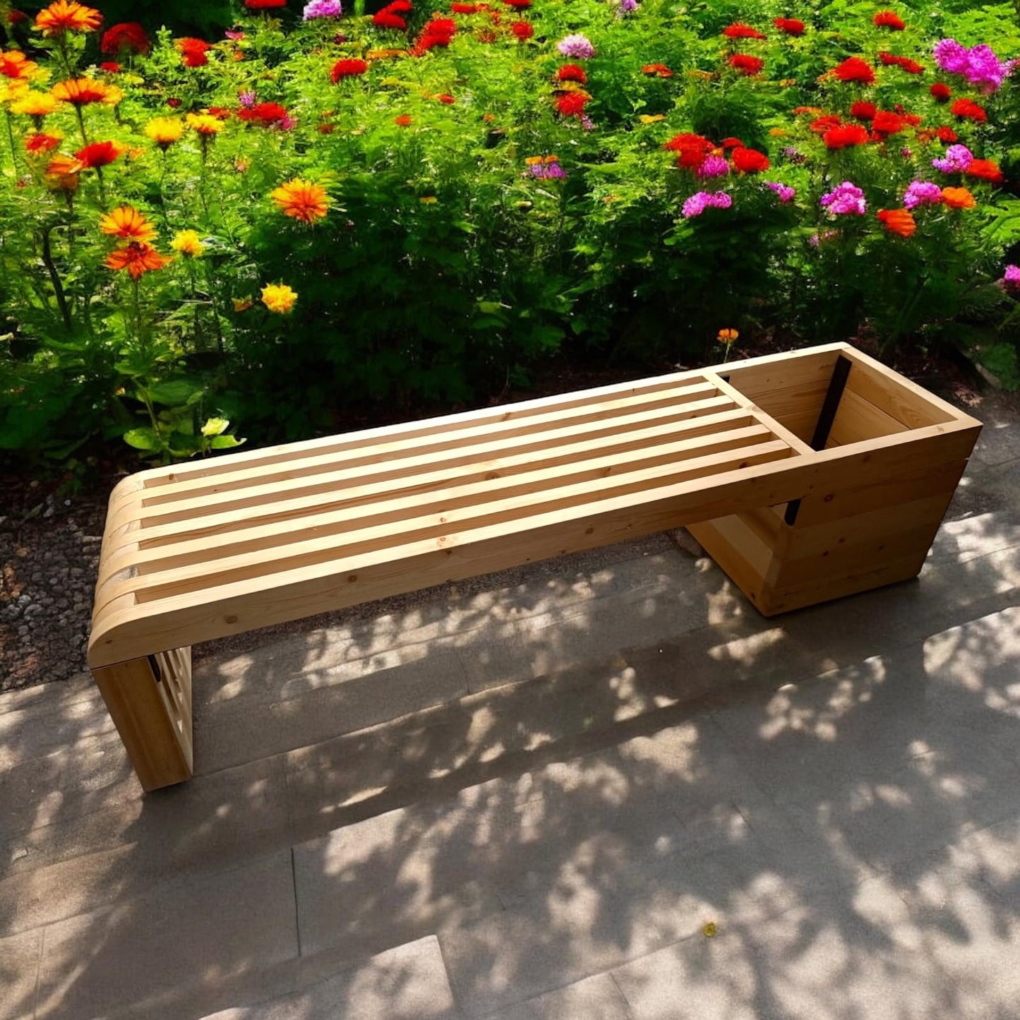 YEEYAYA 6ft Wood Bench with Wooden Planter Trough, Handcrafted, Open-Bottom