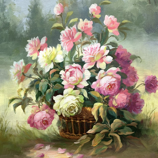 by Unbranded YEEYAYA -100% hand-painted Pink white flowers in bamboo basket 24×20in oil paintings