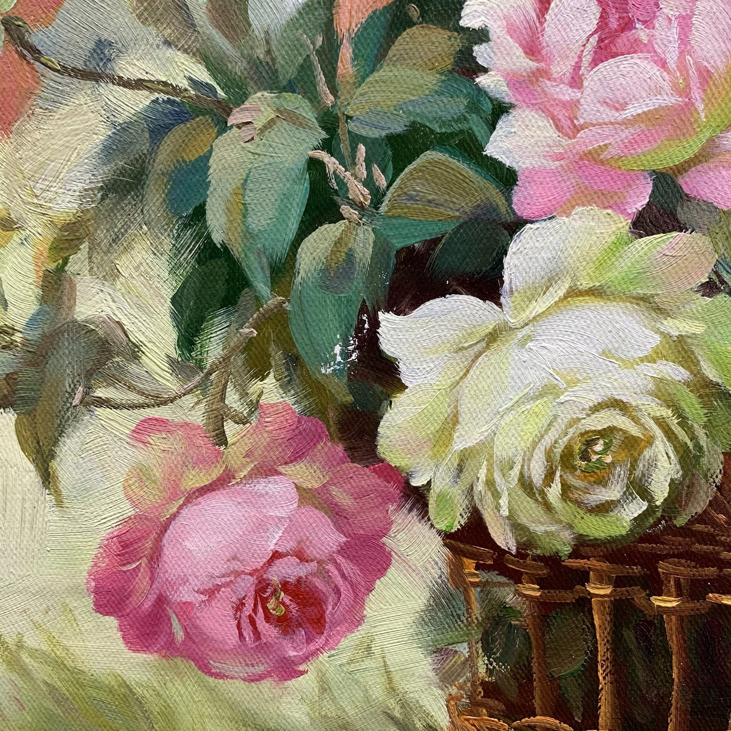 by Unbranded YEEYAYA -100% hand-painted Pink white flowers in bamboo basket 24×20in oil paintings