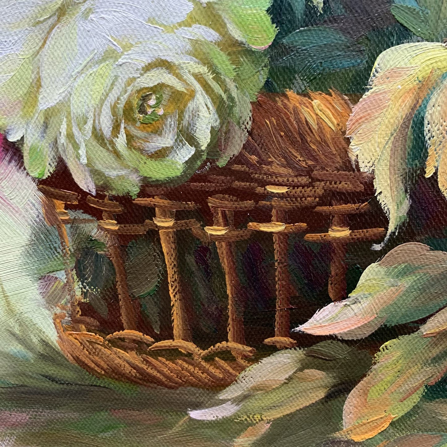 by Unbranded YEEYAYA -100% hand-painted Pink white flowers in bamboo basket 24×20in oil paintings