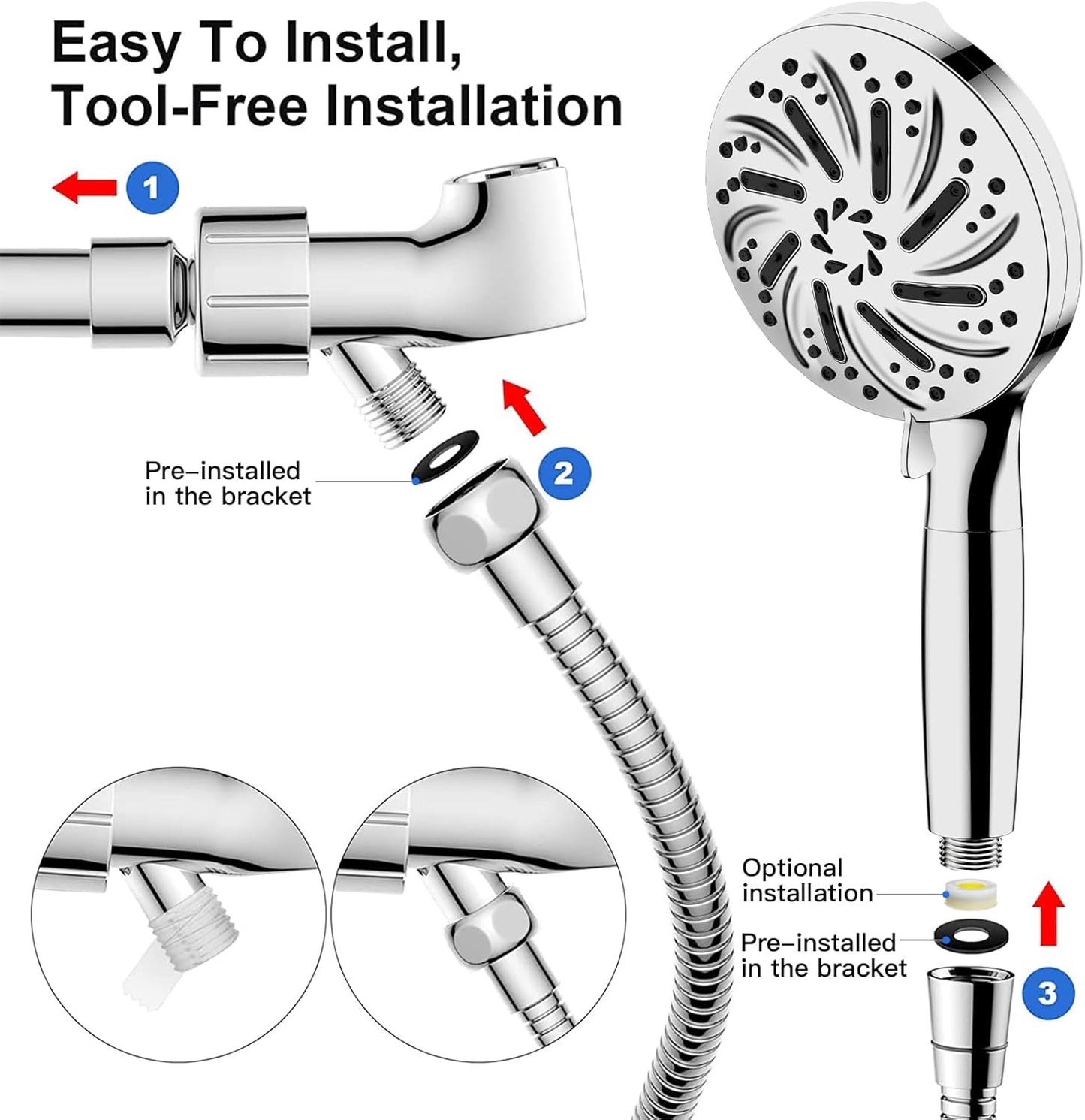 Handheld High Pressure 10 Spray Mode Shower Head With Filter For Hard Water Power Hose Overhead Bracket Anti-Leakage Teflon Tape Attachment, Built-in Power Wash to Clean Tub And Pet