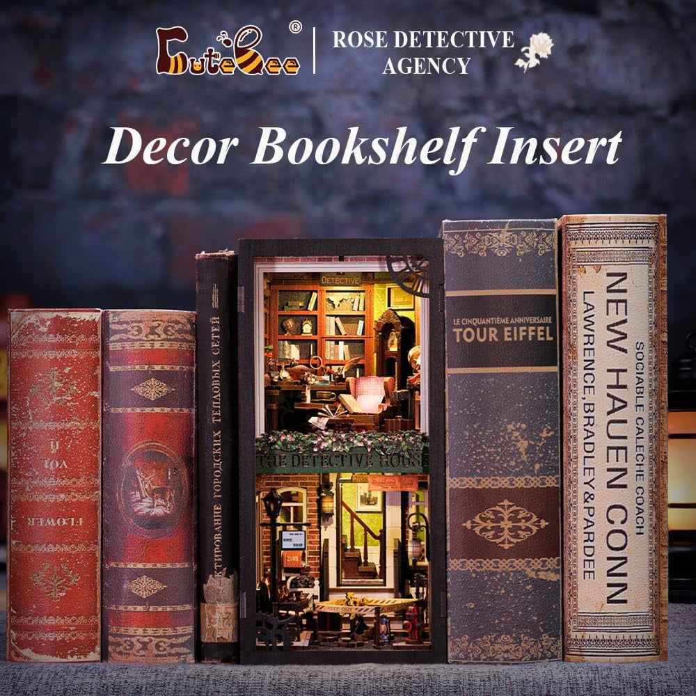 CUTEBEE DIY Book Nook Kit with Dust Cover, Bookshelf Insert DIY Miniature Kit Booknook Bookend Stand Bookcase Model Build Creativity Kit Decor Alley with LED Light (Rose Detective Agency)