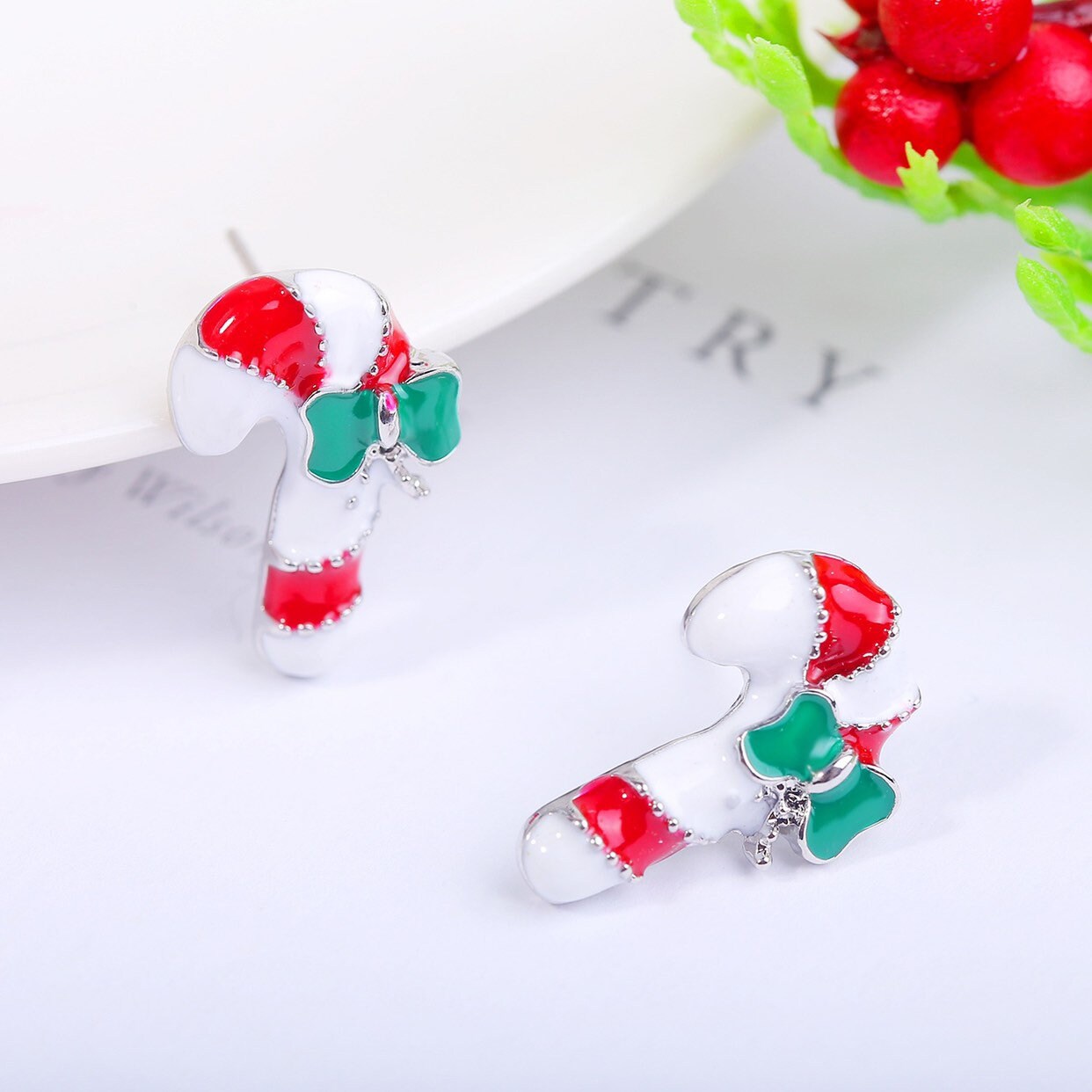 Christmas candy cane Sterling silver Stud earrings, C10