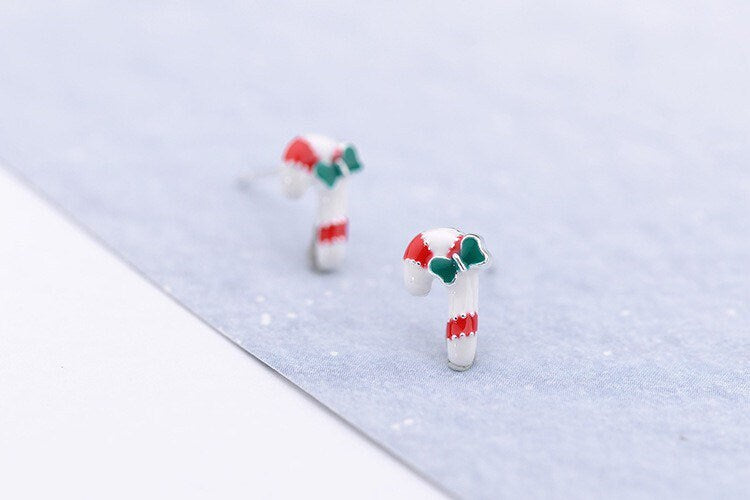 Christmas candy cane Sterling silver Stud earrings, C10