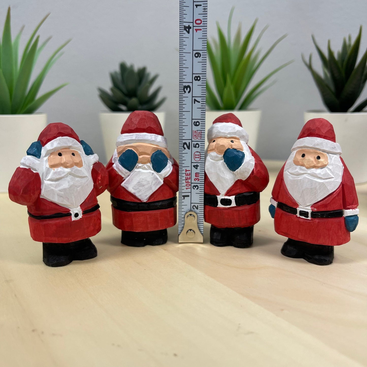 YEEYAYA 4 PCs Santa Sets Wood sculpture Hand Carved Wood Wooden Santa Claus Figurine Christmas gift Wood Statue home Decor